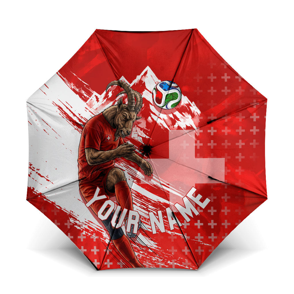 Personalized Switzerland Football Alpine Goat Umbrella Swiss Flag Snow Mountain - Soccer Mascot