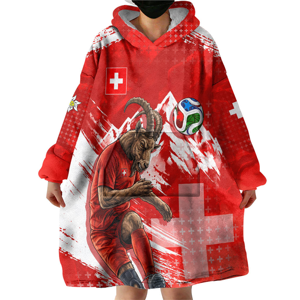 Personalized Switzerland Football Alpine Goat Wearable Blanket Hoodie Swiss Flag Snow Mountain - Soccer Mascot