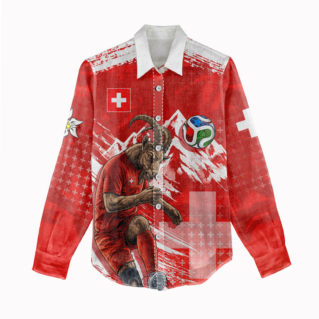 Personalized Switzerland Football Alpine Goat Women Casual Shirt Swiss Flag Snow Mountain - Soccer Mascot