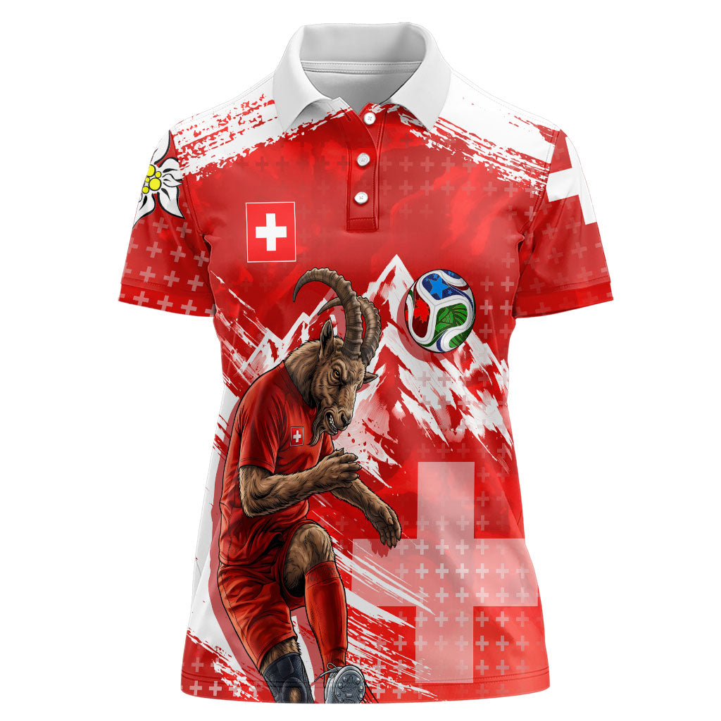 Personalized Switzerland Football Alpine Goat Women Polo Shirt Swiss Flag Snow Mountain - Soccer Mascot
