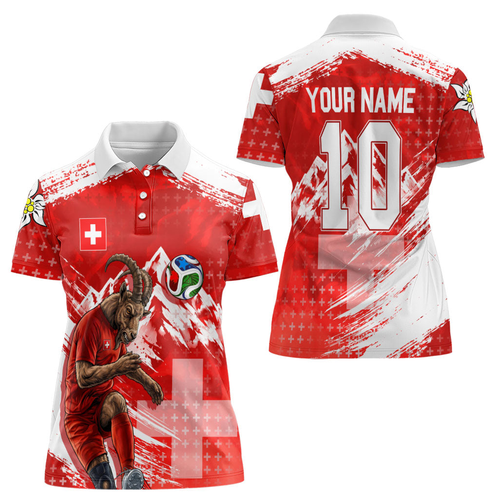 Personalized Switzerland Football Alpine Goat Women Polo Shirt Swiss Flag Snow Mountain - Soccer Mascot