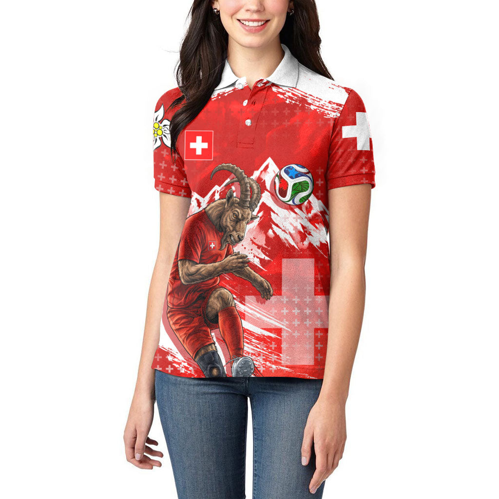 Personalized Switzerland Football Alpine Goat Women Polo Shirt Swiss Flag Snow Mountain - Soccer Mascot
