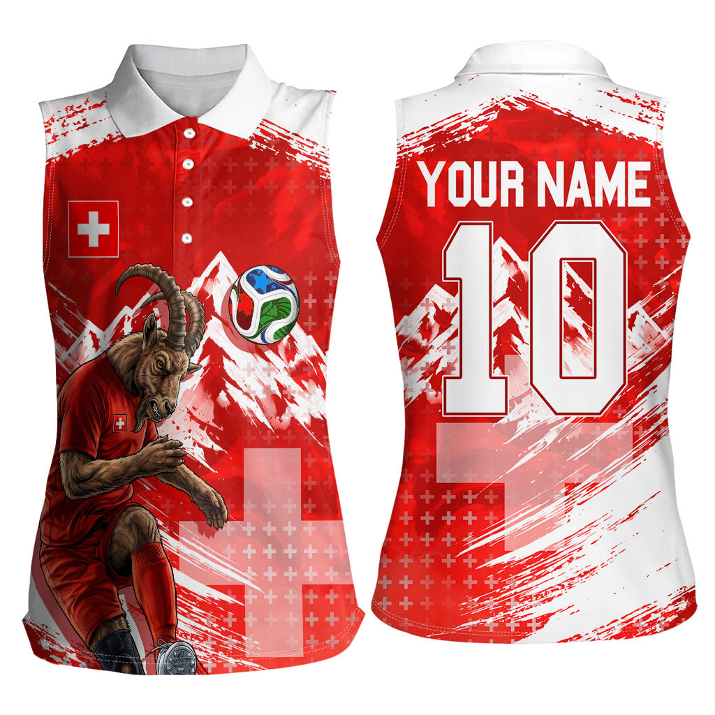 Personalized Switzerland Football Alpine Goat Women Sleeveless Polo Shirt Swiss Flag Snow Mountain - Soccer Mascot