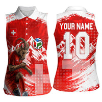 Personalized Switzerland Football Alpine Goat Women Sleeveless Polo Shirt Swiss Flag Snow Mountain - Soccer Mascot