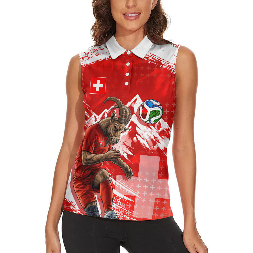 Personalized Switzerland Football Alpine Goat Women Sleeveless Polo Shirt Swiss Flag Snow Mountain - Soccer Mascot