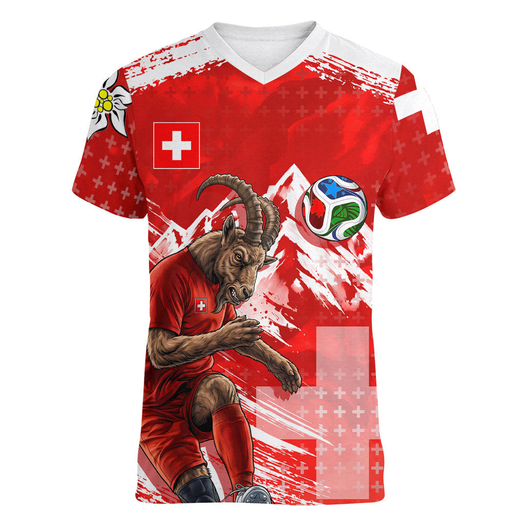 Personalized Switzerland Football Alpine Goat Women V-Neck T-Shirt Swiss Flag Snow Mountain - Soccer Mascot