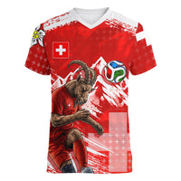 Personalized Switzerland Football Alpine Goat Women V-Neck T-Shirt Swiss Flag Snow Mountain - Soccer Mascot