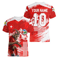 Personalized Switzerland Football Alpine Goat Women V-Neck T-Shirt Swiss Flag Snow Mountain - Soccer Mascot
