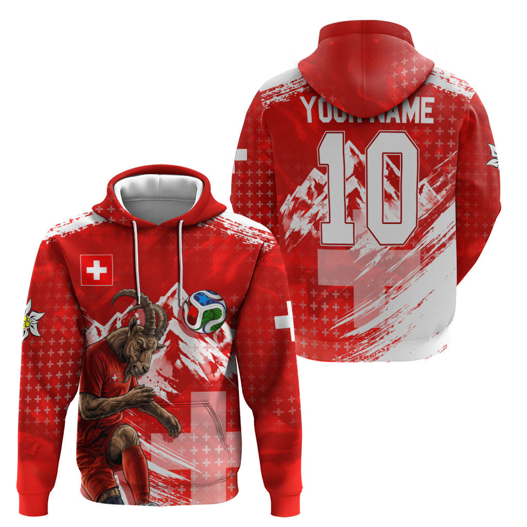 Personalized Switzerland Football Alpine Goat Zip Hoodie Swiss Flag Snow Mountain - Soccer Mascot