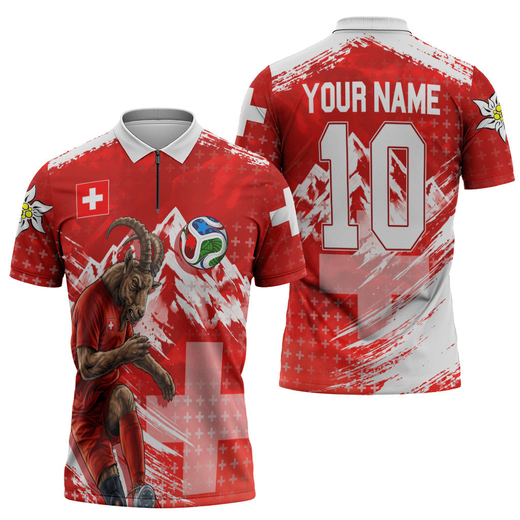 Personalized Switzerland Football Alpine Goat Zipper Polo Shirt Swiss Flag Snow Mountain - Soccer Mascot