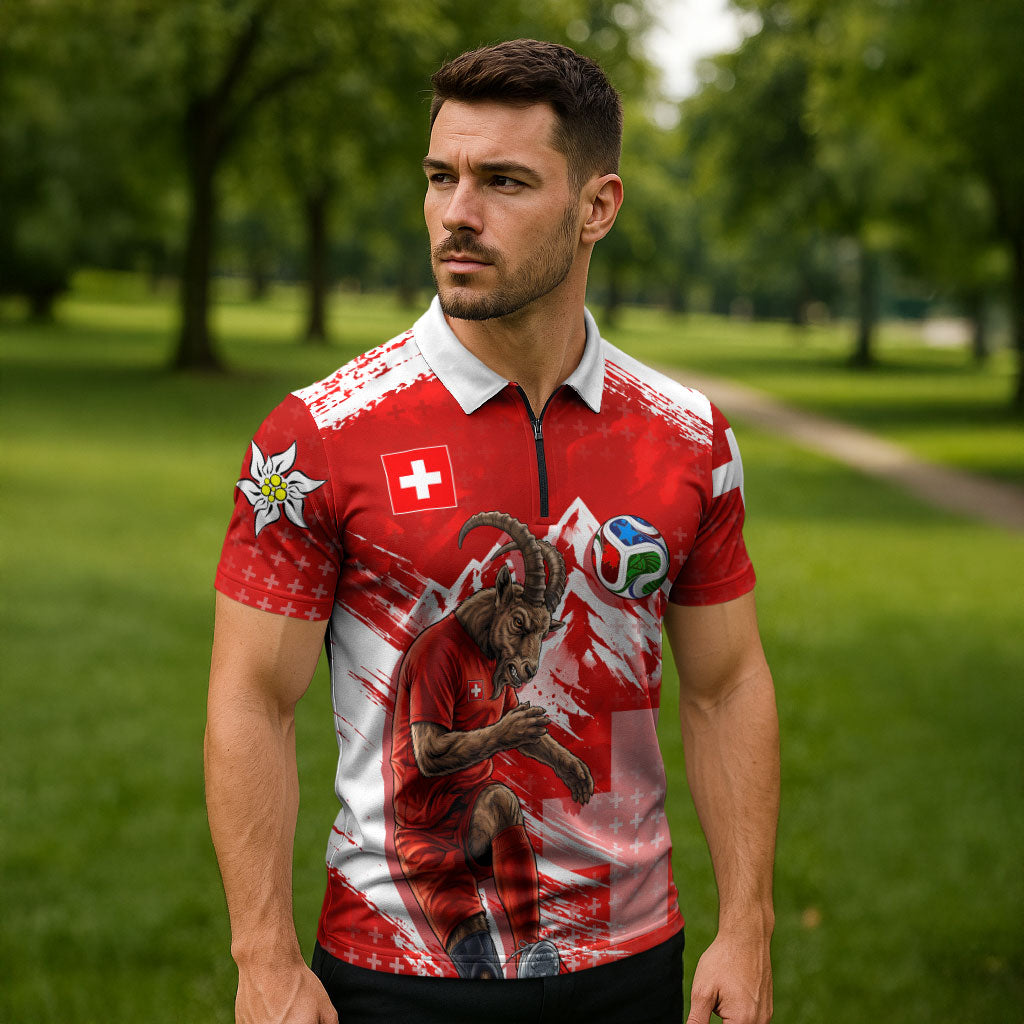 Personalized Switzerland Football Alpine Goat Zipper Polo Shirt Swiss Flag Snow Mountain - Soccer Mascot