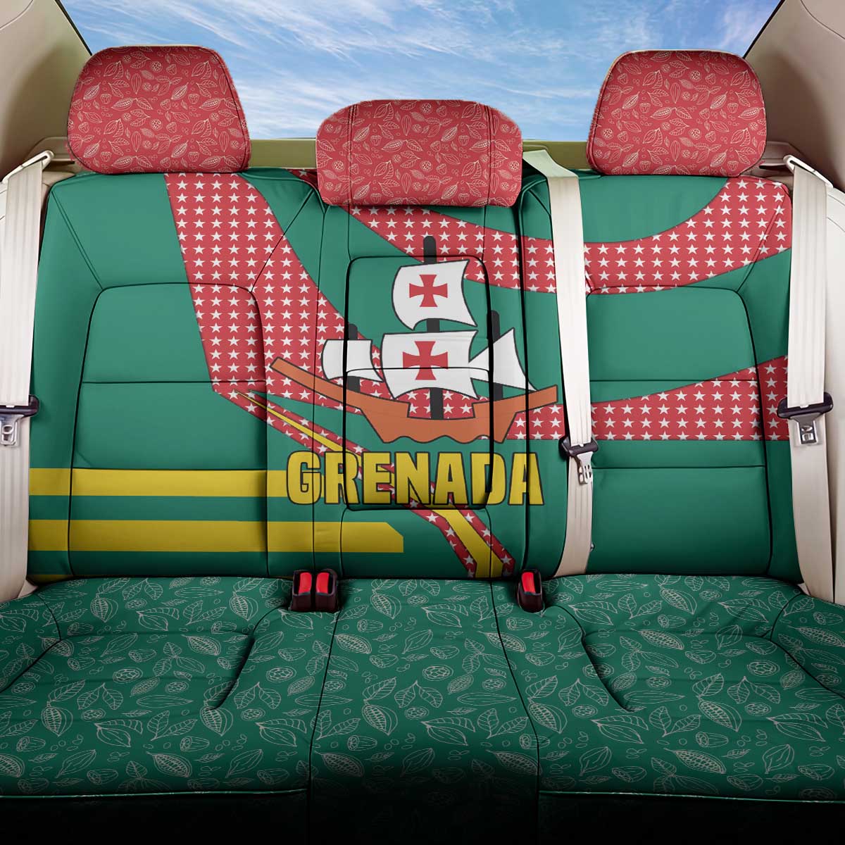 Grenada Back Car Seat Cover with Cocoa Bean Mascot and National Flag Colors - Wonder Print Shop