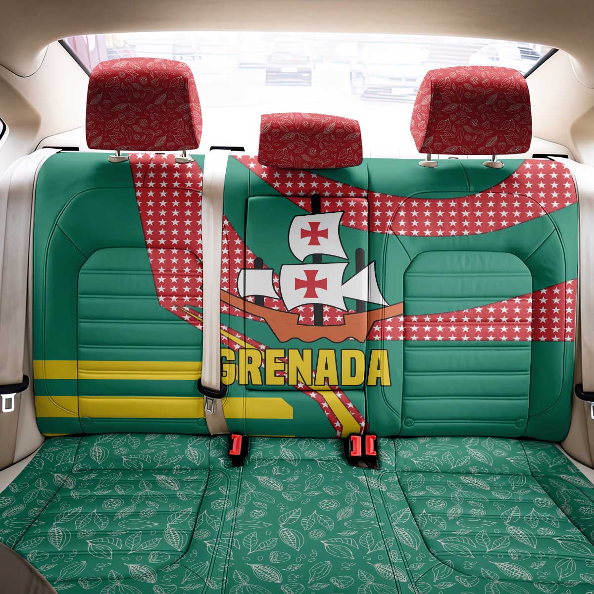 Grenada Back Car Seat Cover with Cocoa Bean Mascot and National Flag Colors - Wonder Print Shop