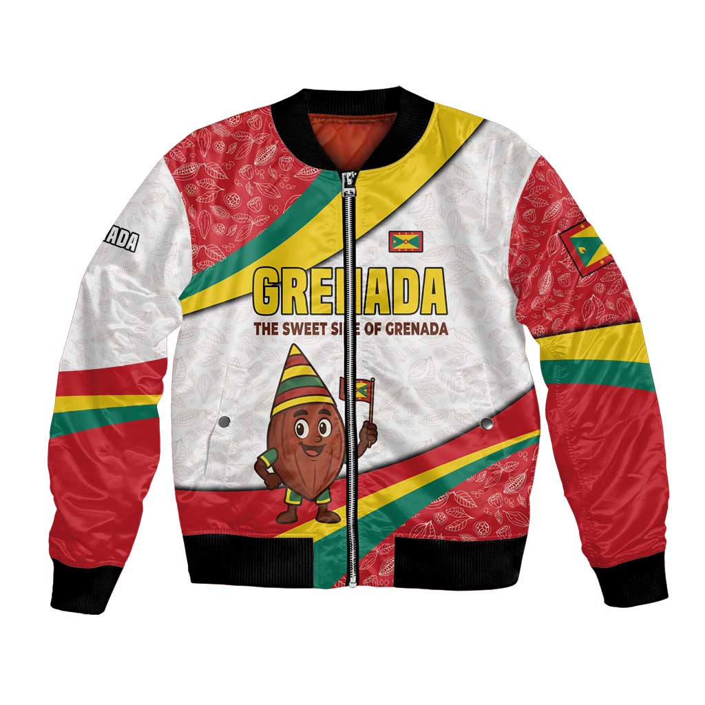Grenada Bomber Jacket with Cocoa Bean Mascot and National Flag Colors - Wonder Print Shop