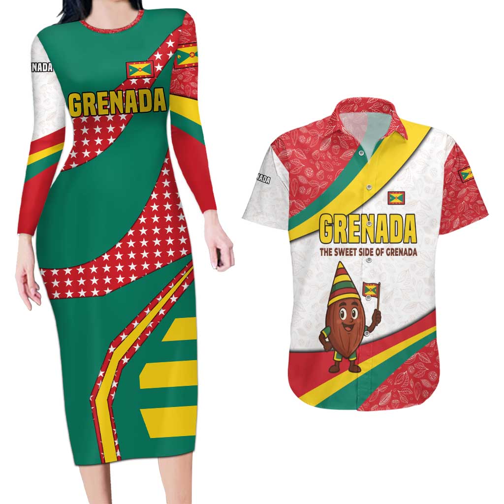 Grenada Couples Matching Long Sleeve Bodycon Dress and Hawaiian Shirt with Cocoa Bean Mascot and National Flag Colors - Wonder Print Shop