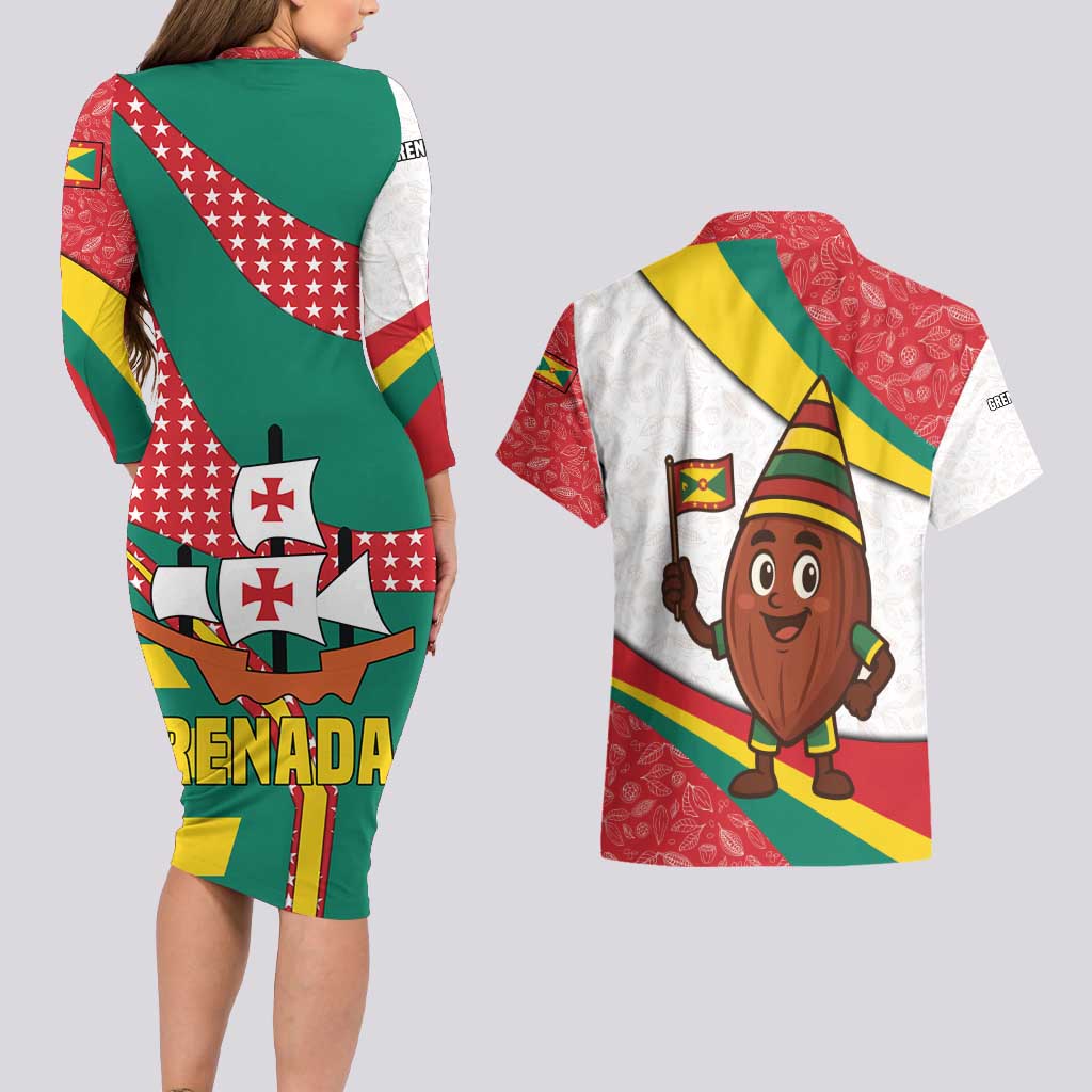 Grenada Couples Matching Long Sleeve Bodycon Dress and Hawaiian Shirt with Cocoa Bean Mascot and National Flag Colors - Wonder Print Shop