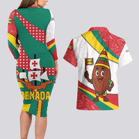 Grenada Couples Matching Long Sleeve Bodycon Dress and Hawaiian Shirt with Cocoa Bean Mascot and National Flag Colors - Wonder Print Shop