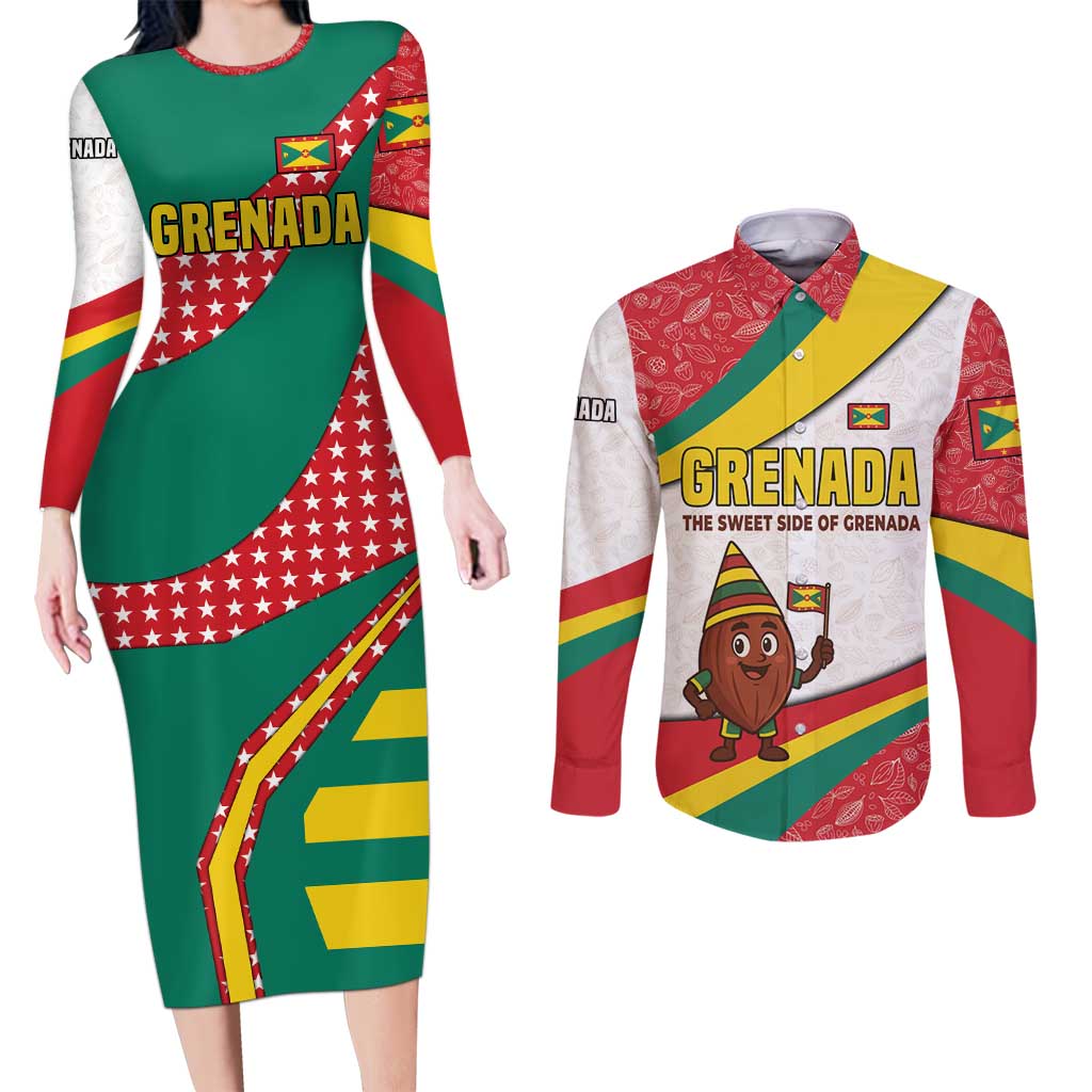 Grenada Couples Matching Long Sleeve Bodycon Dress and Long Sleeve Button Shirt with Cocoa Bean Mascot and National Flag Colors - Wonder Print Shop