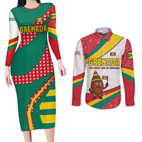 Grenada Couples Matching Long Sleeve Bodycon Dress and Long Sleeve Button Shirt with Cocoa Bean Mascot and National Flag Colors - Wonder Print Shop