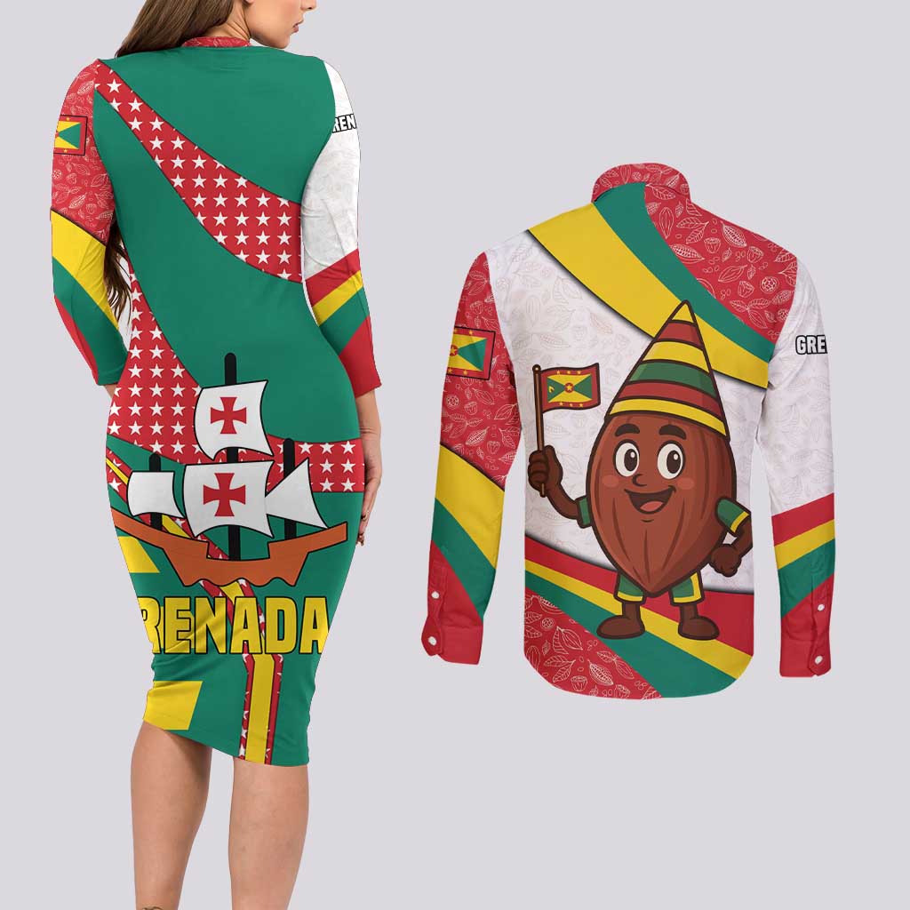 Grenada Couples Matching Long Sleeve Bodycon Dress and Long Sleeve Button Shirt with Cocoa Bean Mascot and National Flag Colors - Wonder Print Shop