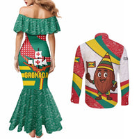 Grenada Couples Matching Mermaid Dress and Long Sleeve Button Shirt with Cocoa Bean Mascot and National Flag Colors - Wonder Print Shop