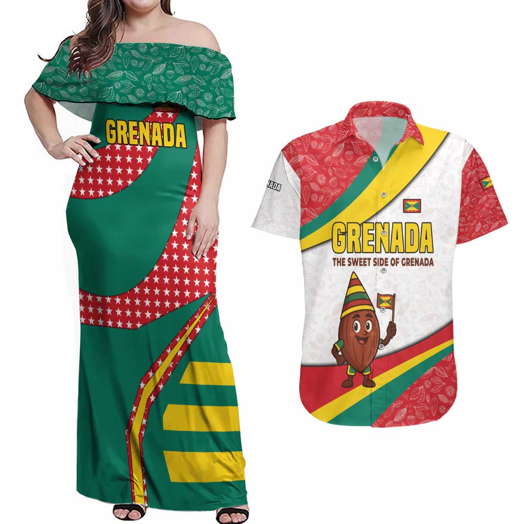 Grenada Couples Matching Off Shoulder Maxi Dress and Hawaiian Shirt with Cocoa Bean Mascot and National Flag Colors - Wonder Print Shop
