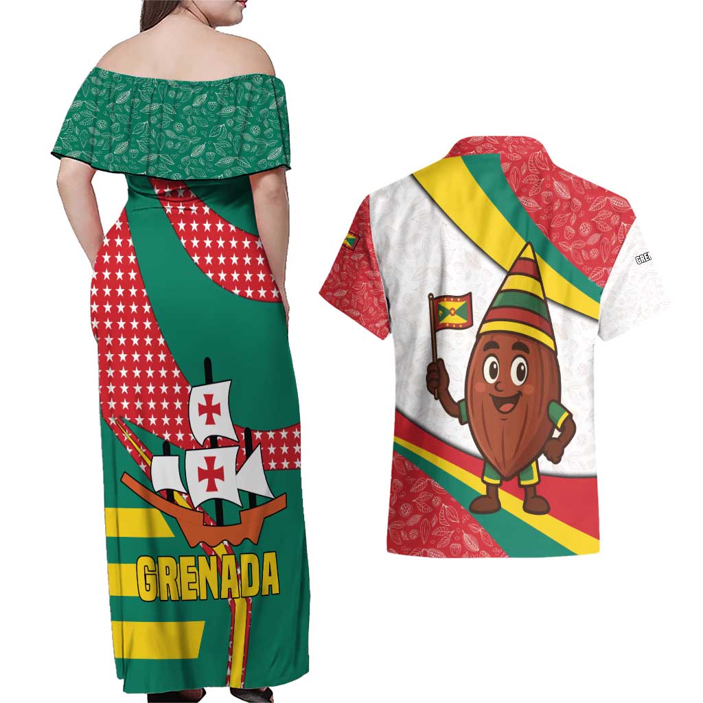 Grenada Couples Matching Off Shoulder Maxi Dress and Hawaiian Shirt with Cocoa Bean Mascot and National Flag Colors - Wonder Print Shop