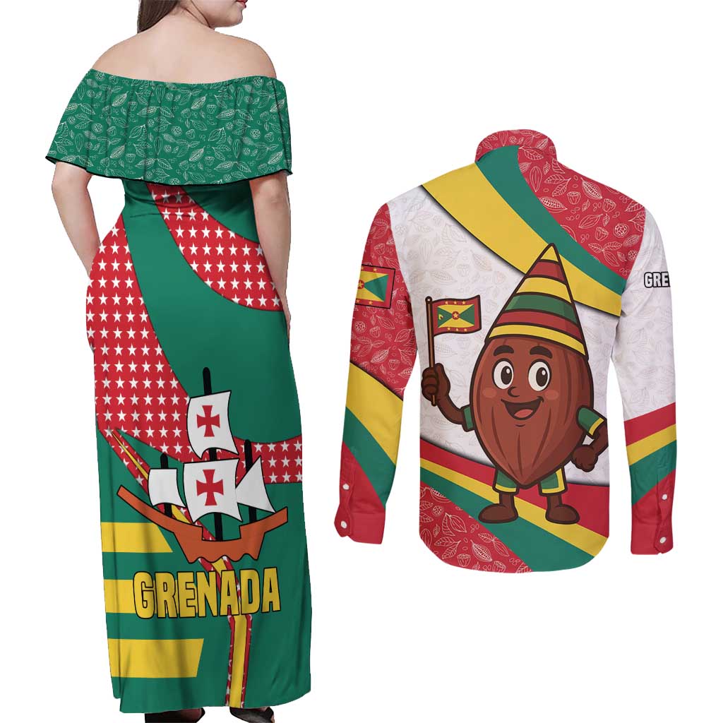Grenada Couples Matching Off Shoulder Maxi Dress and Long Sleeve Button Shirt with Cocoa Bean Mascot and National Flag Colors - Wonder Print Shop