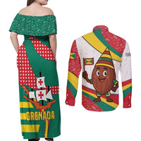 Grenada Couples Matching Off Shoulder Maxi Dress and Long Sleeve Button Shirt with Cocoa Bean Mascot and National Flag Colors - Wonder Print Shop