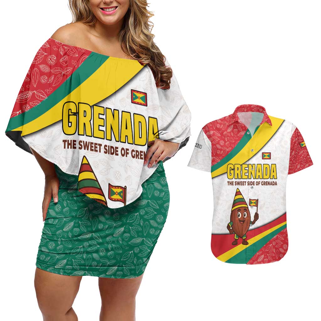 Grenada Couples Matching Off Shoulder Short Dress and Hawaiian Shirt with Cocoa Bean Mascot and National Flag Colors - Wonder Print Shop