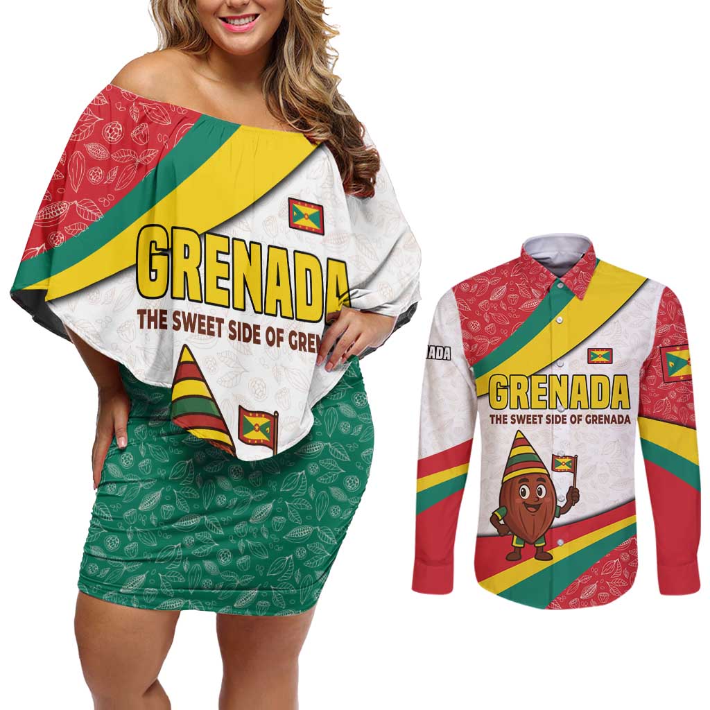 Grenada Couples Matching Off Shoulder Short Dress and Long Sleeve Button Shirt with Cocoa Bean Mascot and National Flag Colors - Wonder Print Shop