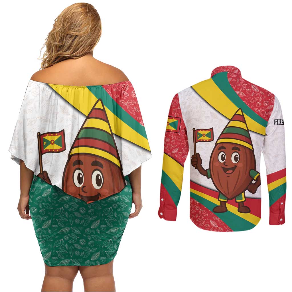 Grenada Couples Matching Off Shoulder Short Dress and Long Sleeve Button Shirt with Cocoa Bean Mascot and National Flag Colors - Wonder Print Shop