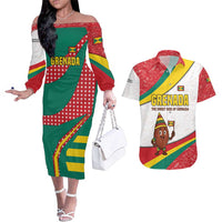 Grenada Couples Matching Off The Shoulder Long Sleeve Dress and Hawaiian Shirt with Cocoa Bean Mascot and National Flag Colors - Wonder Print Shop