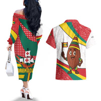 Grenada Couples Matching Off The Shoulder Long Sleeve Dress and Hawaiian Shirt with Cocoa Bean Mascot and National Flag Colors - Wonder Print Shop