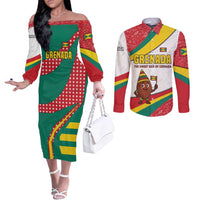 Grenada Couples Matching Off The Shoulder Long Sleeve Dress and Long Sleeve Button Shirt with Cocoa Bean Mascot and National Flag Colors - Wonder Print Shop