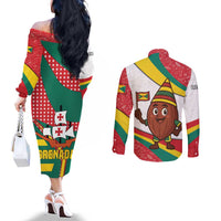 Grenada Couples Matching Off The Shoulder Long Sleeve Dress and Long Sleeve Button Shirt with Cocoa Bean Mascot and National Flag Colors - Wonder Print Shop