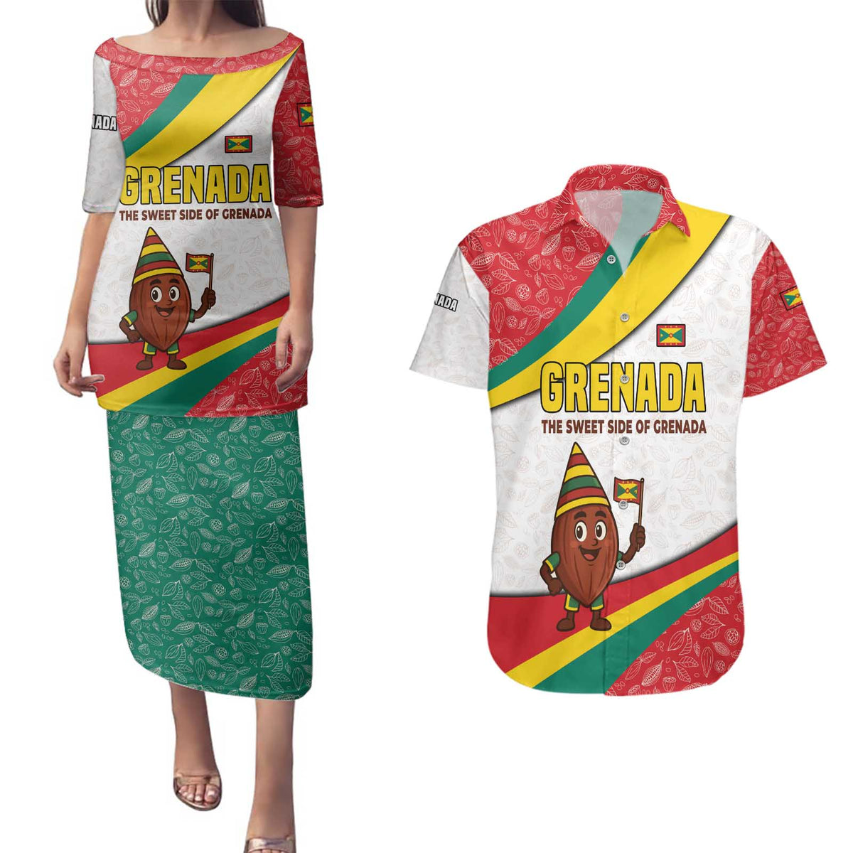 Grenada Couples Matching Puletasi and Hawaiian Shirt with Cocoa Bean Mascot and National Flag Colors - Wonder Print Shop