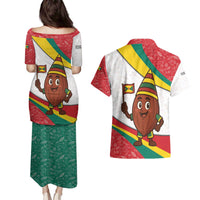 Grenada Couples Matching Puletasi and Hawaiian Shirt with Cocoa Bean Mascot and National Flag Colors - Wonder Print Shop