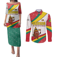 Grenada Couples Matching Puletasi and Long Sleeve Button Shirt with Cocoa Bean Mascot and National Flag Colors - Wonder Print Shop