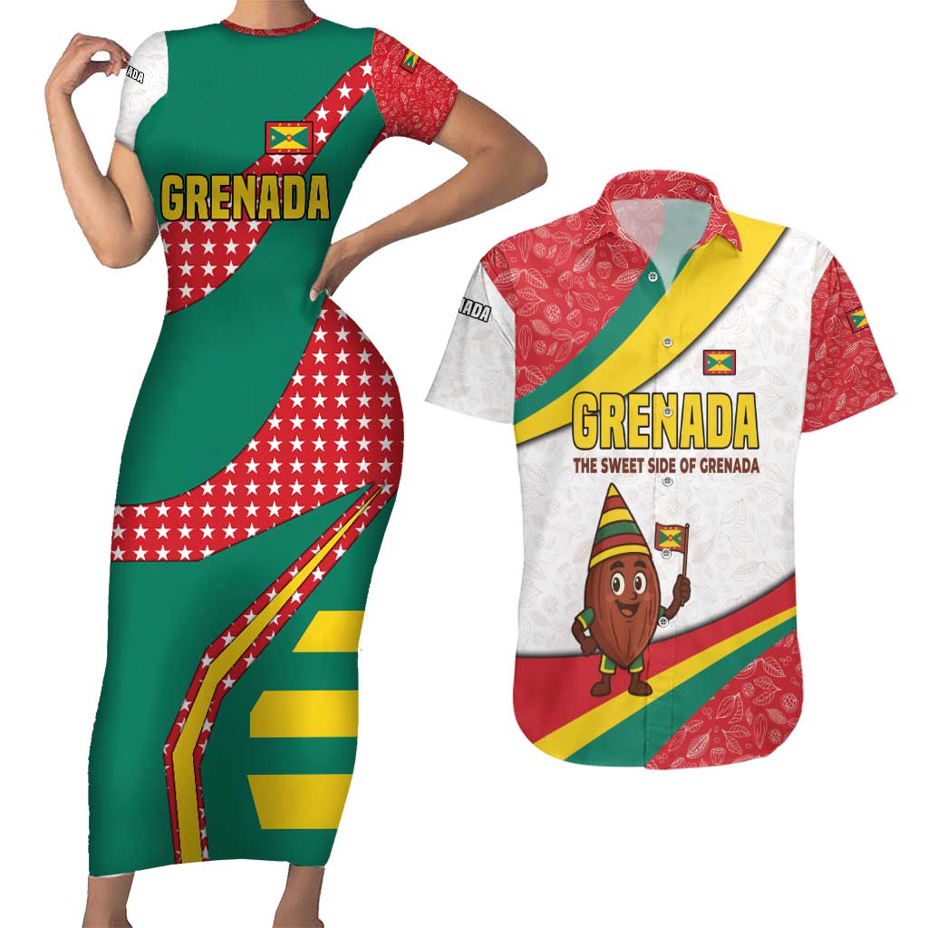 Grenada Couples Matching Short Sleeve Bodycon Dress and Hawaiian Shirt with Cocoa Bean Mascot and National Flag Colors - Wonder Print Shop
