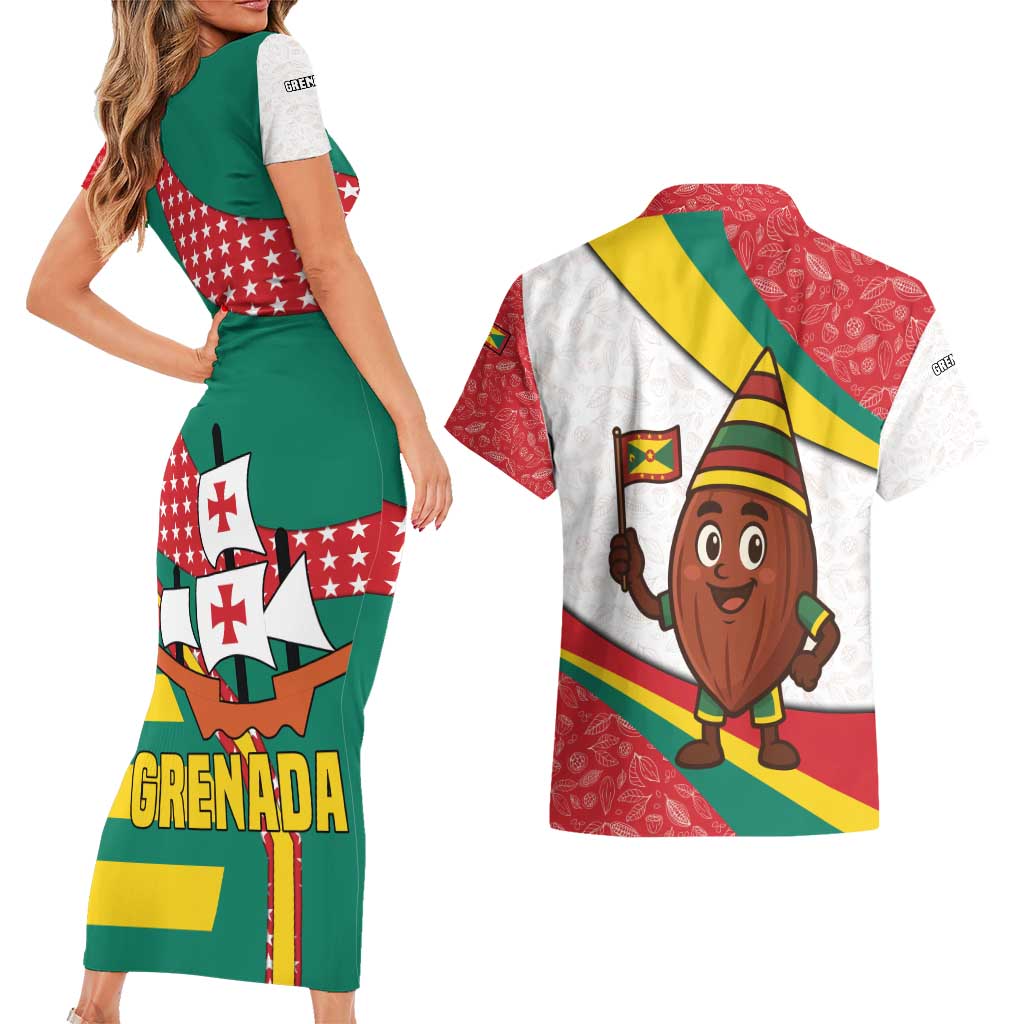 Grenada Couples Matching Short Sleeve Bodycon Dress and Hawaiian Shirt with Cocoa Bean Mascot and National Flag Colors - Wonder Print Shop