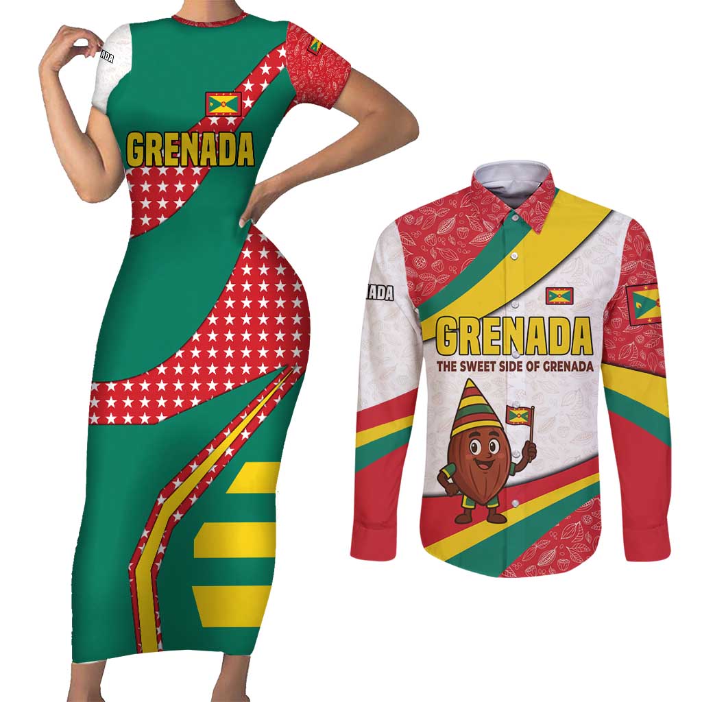 Grenada Couples Matching Short Sleeve Bodycon Dress and Long Sleeve Button Shirt with Cocoa Bean Mascot and National Flag Colors - Wonder Print Shop