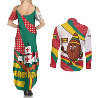 Grenada Couples Matching Summer Maxi Dress and Long Sleeve Button Shirt with Cocoa Bean Mascot and National Flag Colors - Wonder Print Shop