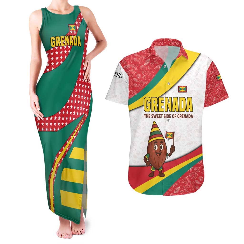 Grenada Couples Matching Tank Maxi Dress and Hawaiian Shirt with Cocoa Bean Mascot and National Flag Colors - Wonder Print Shop