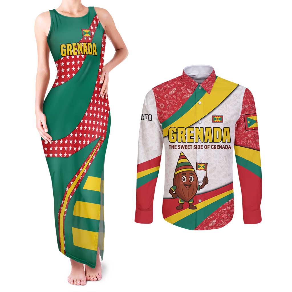 Grenada Couples Matching Tank Maxi Dress and Long Sleeve Button Shirt with Cocoa Bean Mascot and National Flag Colors - Wonder Print Shop