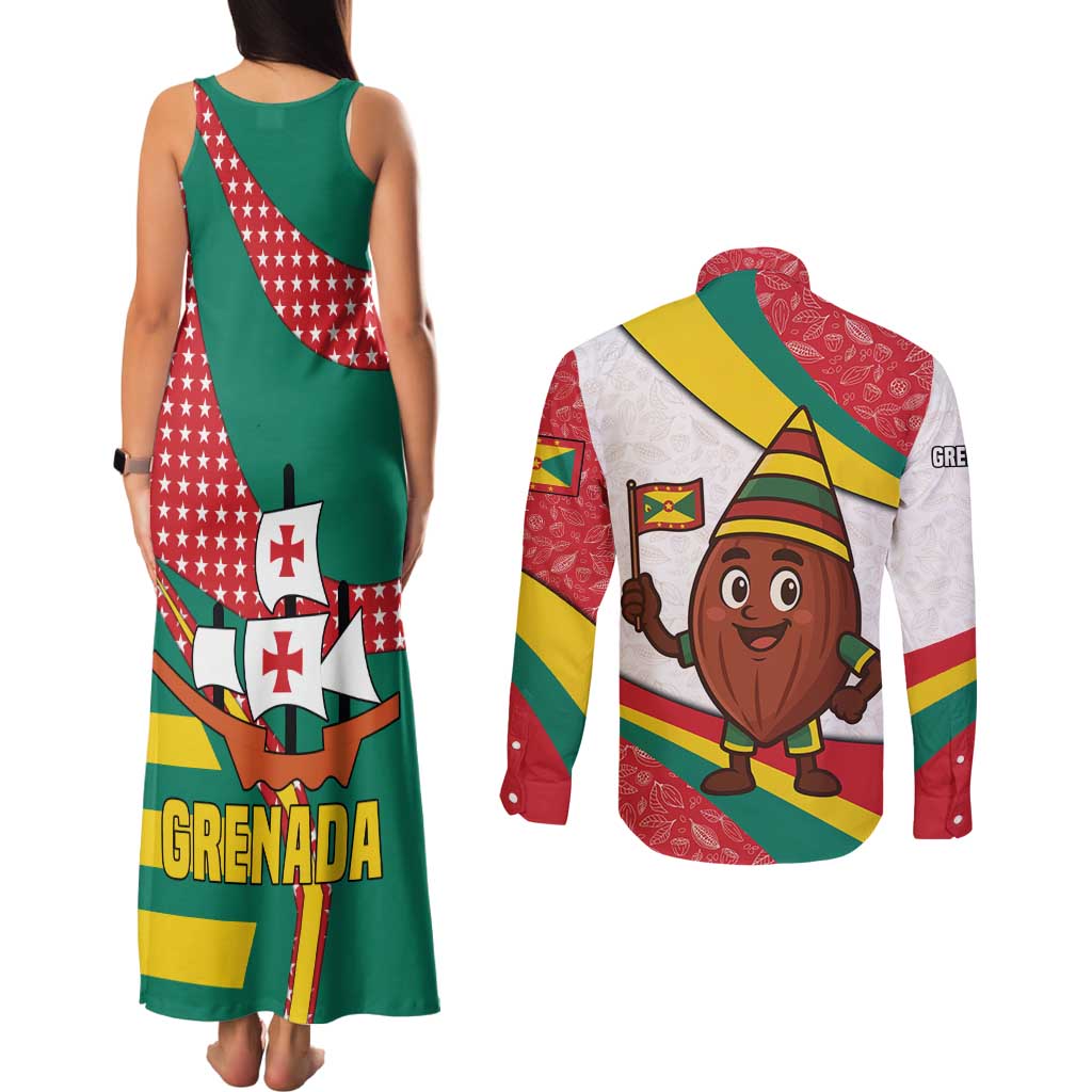 Grenada Couples Matching Tank Maxi Dress and Long Sleeve Button Shirt with Cocoa Bean Mascot and National Flag Colors - Wonder Print Shop