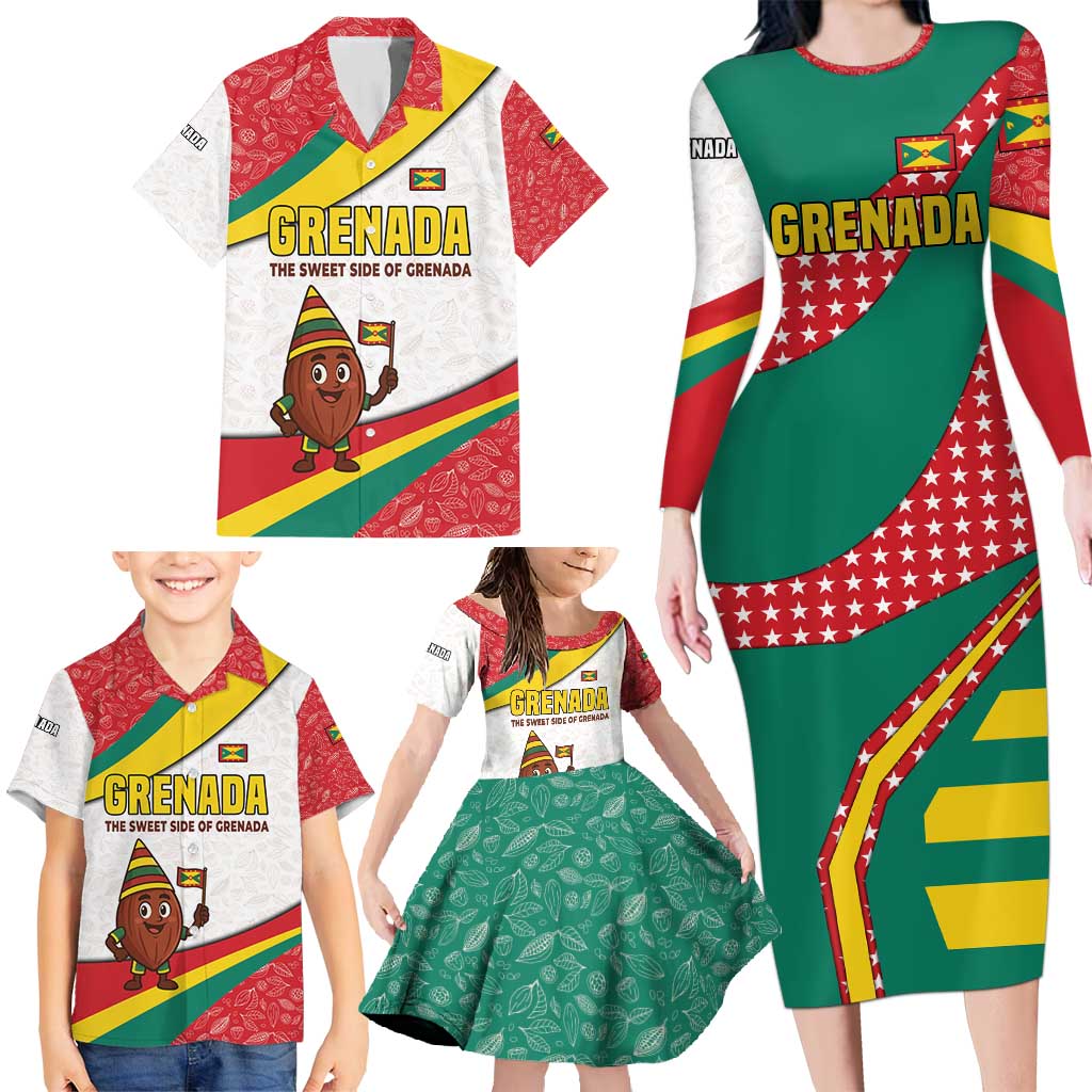 Grenada Family Matching Long Sleeve Bodycon Dress and Hawaiian Shirt with Cocoa Bean Mascot and National Flag Colors - Wonder Print Shop