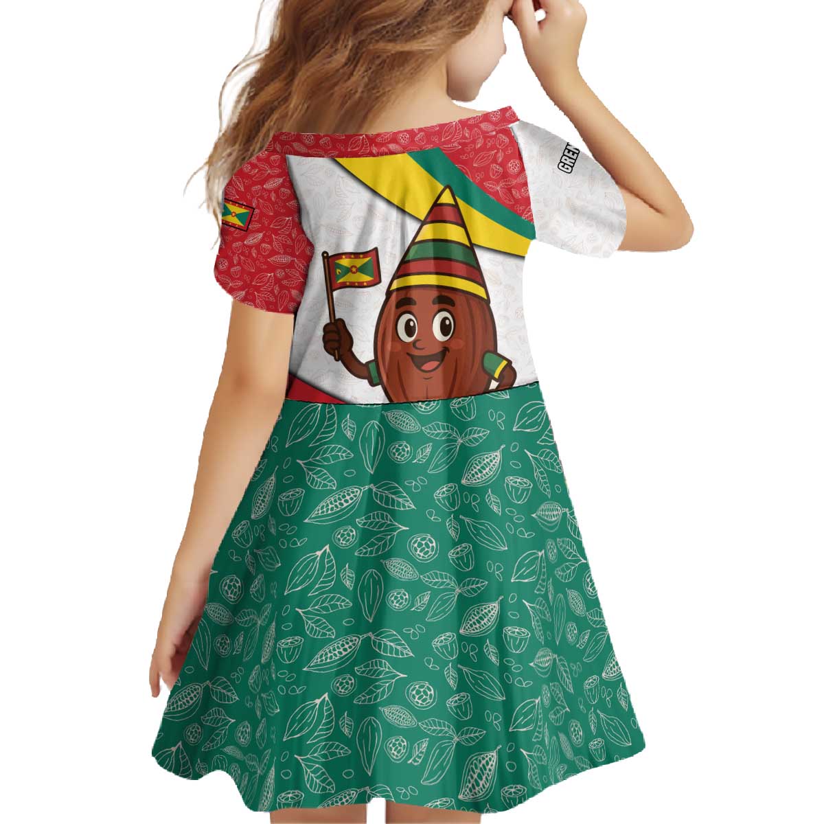 Grenada Family Matching Off The Shoulder Long Sleeve Dress and Hawaiian Shirt with Cocoa Bean Mascot and National Flag Colors - Wonder Print Shop
