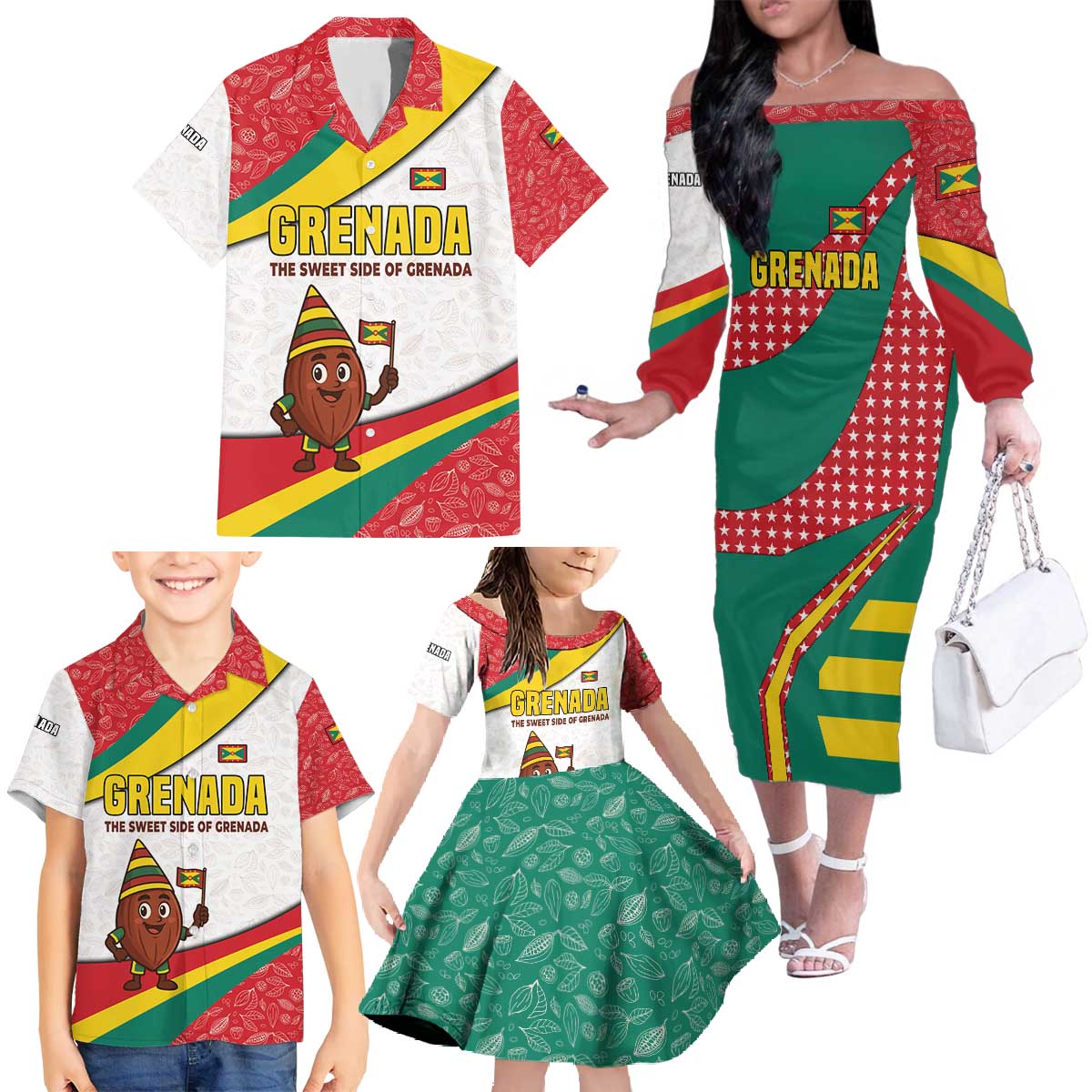 Grenada Family Matching Off The Shoulder Long Sleeve Dress and Hawaiian Shirt with Cocoa Bean Mascot and National Flag Colors - Wonder Print Shop