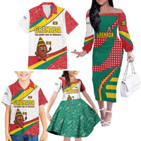 Grenada Family Matching Off The Shoulder Long Sleeve Dress and Hawaiian Shirt with Cocoa Bean Mascot and National Flag Colors - Wonder Print Shop